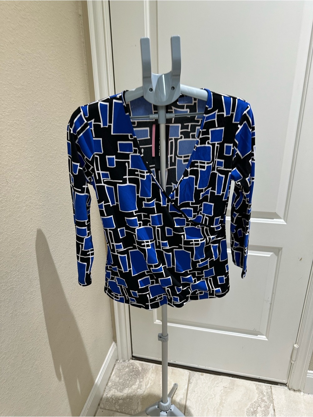 Dkny Blue Black and White Geometric Wrap-Front Blouse